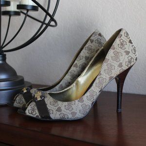 Guess Logo Brown & Cream Peep Toe Heels